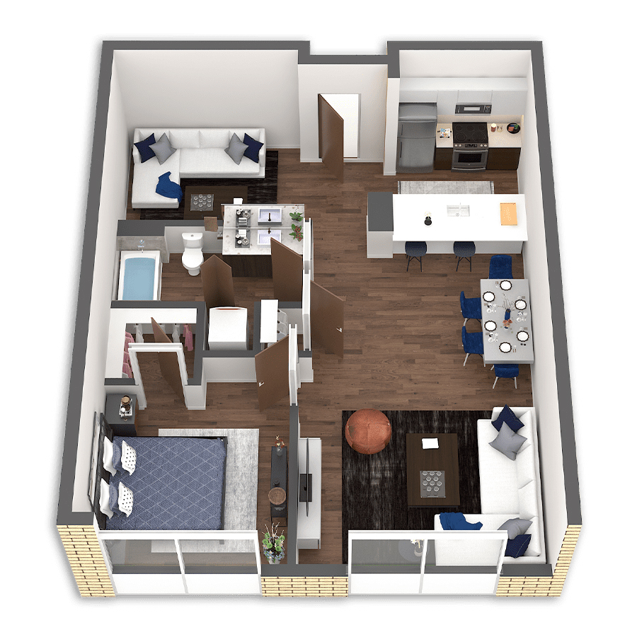 Rendering of the Pudding floor plan with 1 bedroom[s] and 1 bathroom[s] at Griffis South Waterfront