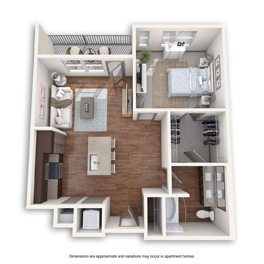 Rendering of the Fox floor plan with 1 bedroom[s] and 1 bathroom[s] at Griffis at Fiddler's Green
