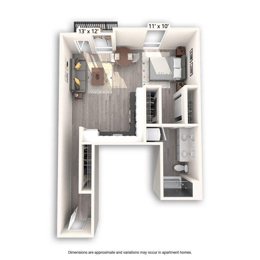 Rendering of the Constitution floor plan with a Studio bedroom and 1 bathroom[s] at Griffis East Village