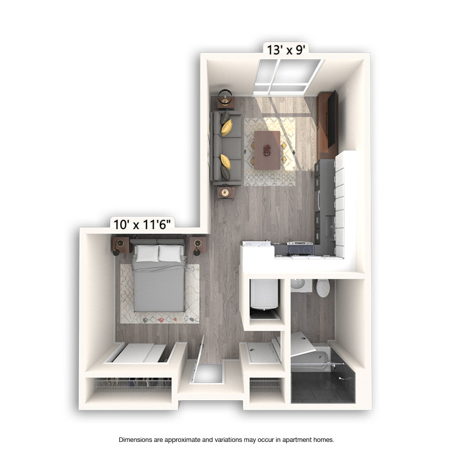 Rendering of the Chesapeake floor plan with a Studio bedroom and 1 bathroom[s] at Griffis East Village