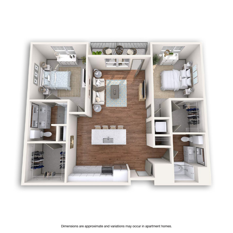 Rendering of the Summit floor plan with 2 bedroom[s] and 2 bathroom[s] at Griffis at Fiddler's Green