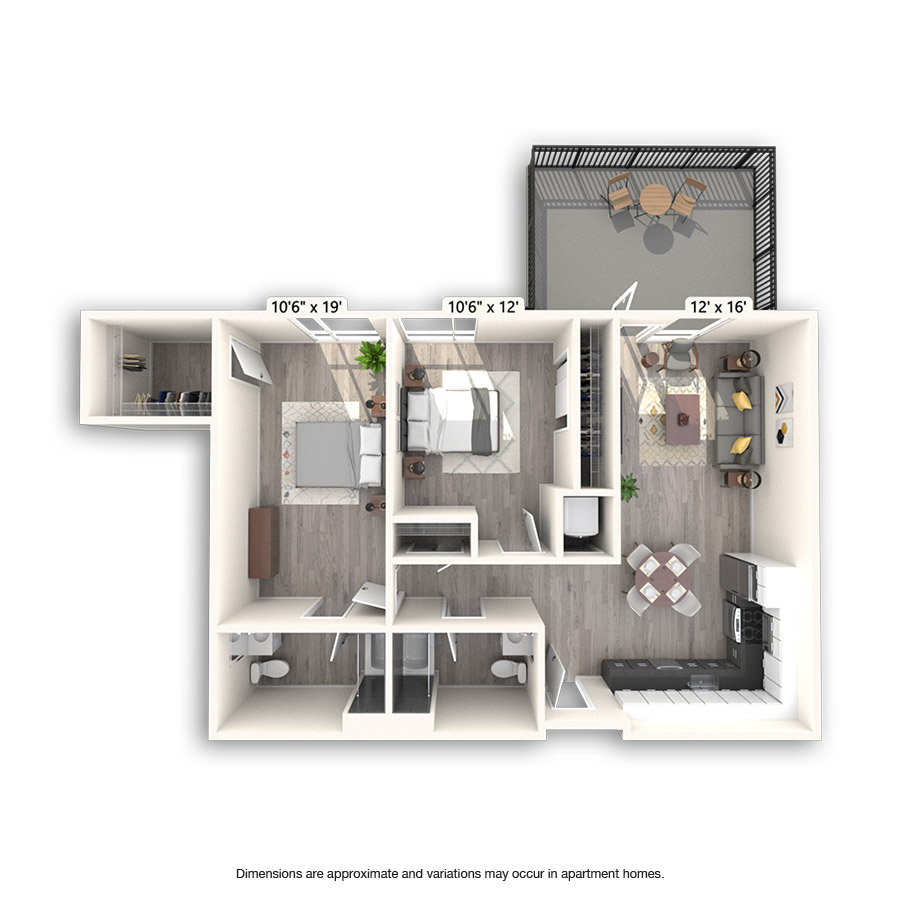 Rendering of the Thresher floor plan with 2 bedroom[s] and 2 bathroom[s] at Griffis East Village