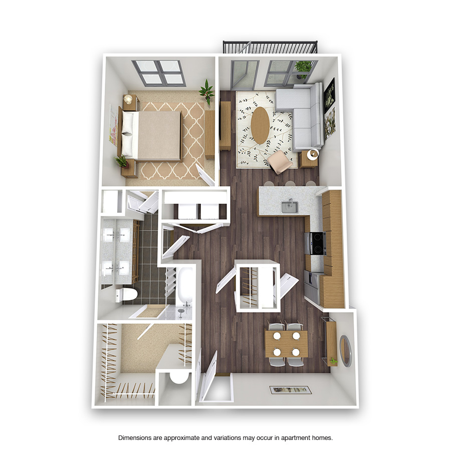 Rendering of the Maple floor plan with 1 bedroom[s] and 1 bathroom[s] at Griffis Oak Lawn