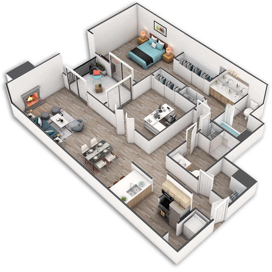 Rendering of the Pacific floor plan with 2 bedroom[s] and 2 bathroom[s] at Griffis Belltown