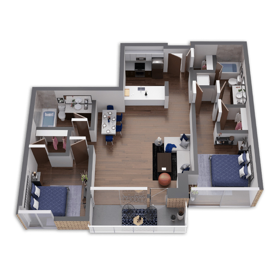 Rendering of the Powder floor plan with 2 bedroom[s] and 2 bathroom[s] at Griffis South Waterfront