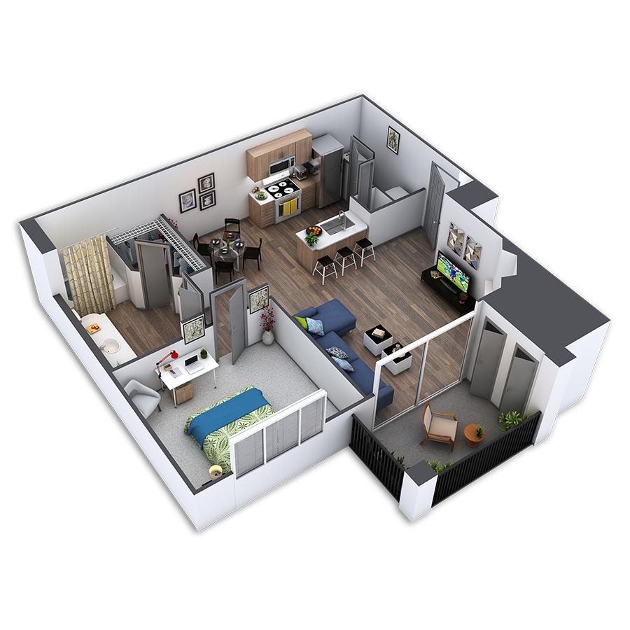 Rendering of the Ashmont Custom floor plan with 1 bedroom[s] and 1 bathroom[s] at Griffis Belleview Station