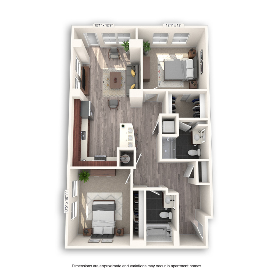 Rendering of the Harvard floor plan with 2 bedroom[s] and 2 bathroom[s] at Griffis Cheesman Park