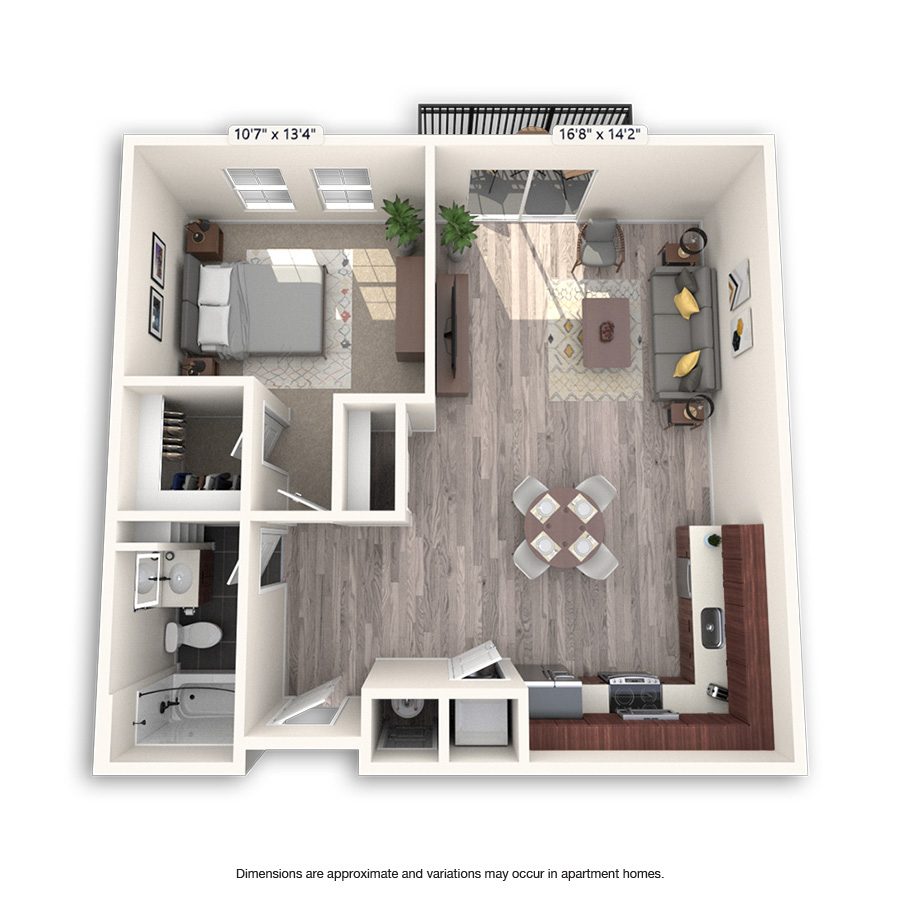 Rendering of the Ruby Hill floor plan with 1 bedroom[s] and 1 bathroom[s] at Griffis Cheesman Park