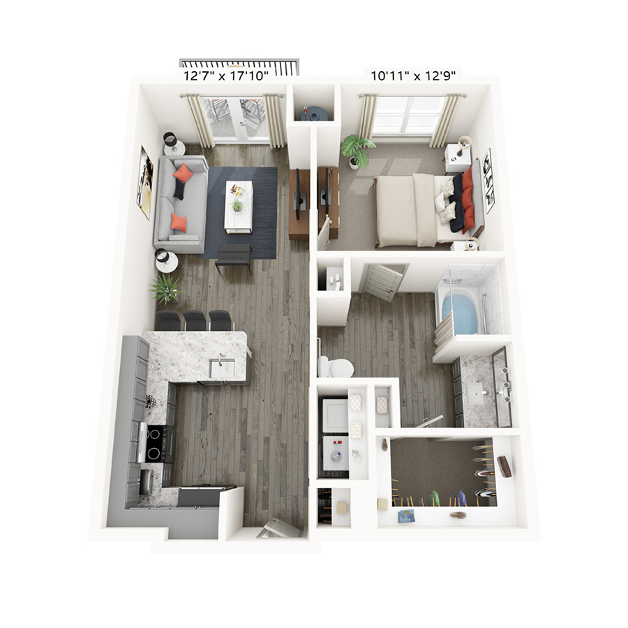 Rendering of the Frisco Square floor plan with 1 bedroom[s] and 1 bathroom[s] at Griffis Frisco