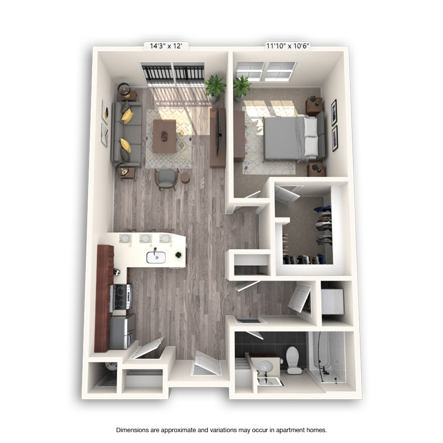 Rendering of the Cherry Creek floor plan with 1 bedroom[s] and 1 bathroom[s] at Griffis Cheesman Park