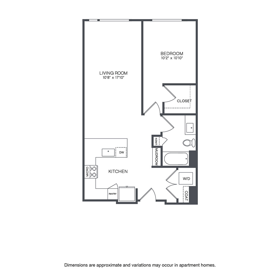 Rendering of the Nyanza floor plan with 1 bedroom[s] and 1 bathroom[s] at Griffis Shoreline