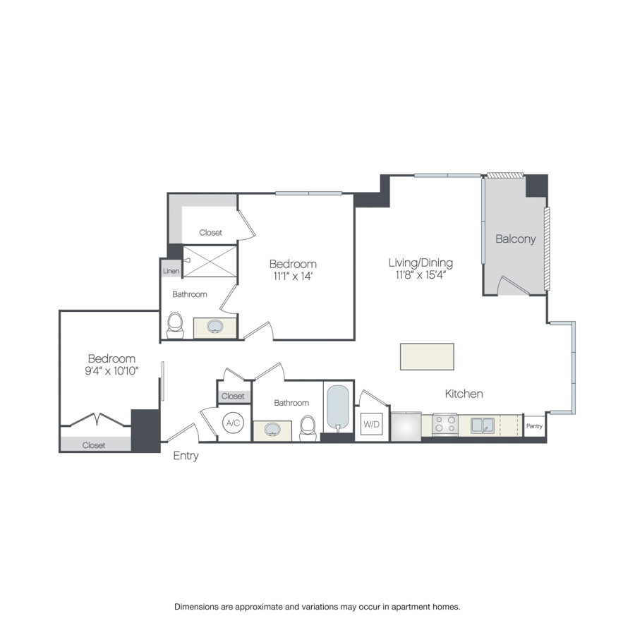 Rendering of the Glenbrook floor plan with 2 bedroom[s] and 2 bathroom[s] at Griffis Edgemoor