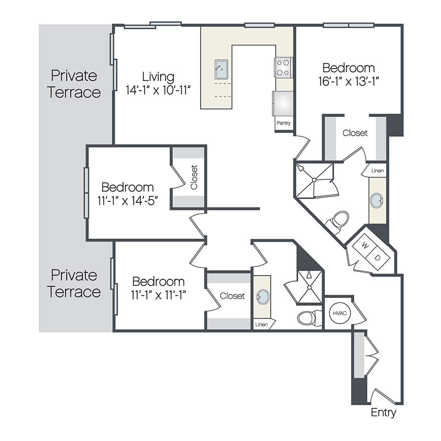 Rendering of the Sunny Isles floor plan with 3 bedroom[s] and 2 bathroom[s] at Griffis West Palm