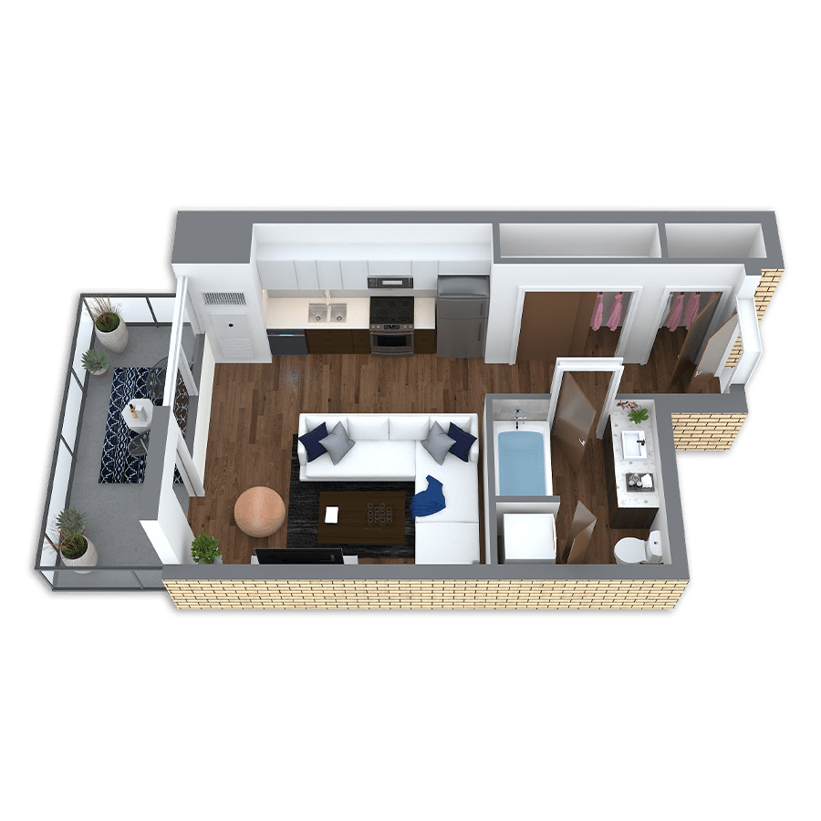 Rendering of the Roaring Platinum floor plan with a Studio bedroom and 1 bathroom[s] at Griffis South Waterfront