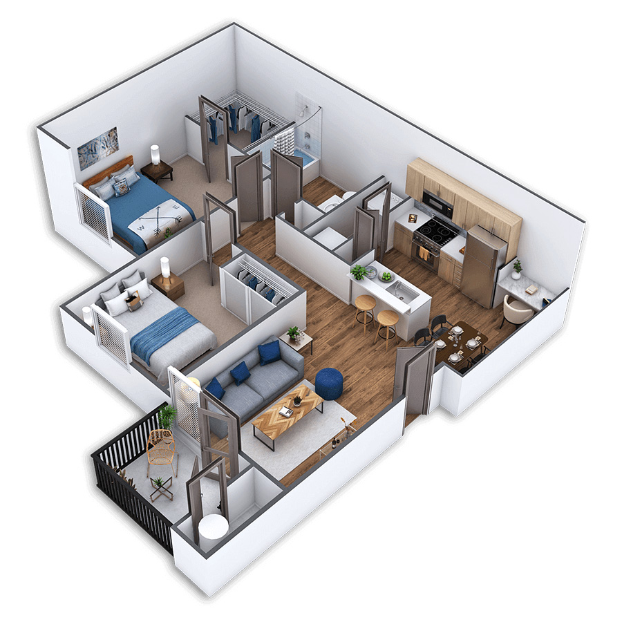 Rendering of the Brooklyn Platinum floor plan with 2 bedroom[s] and 1 bathroom[s] at Griffis North Creek