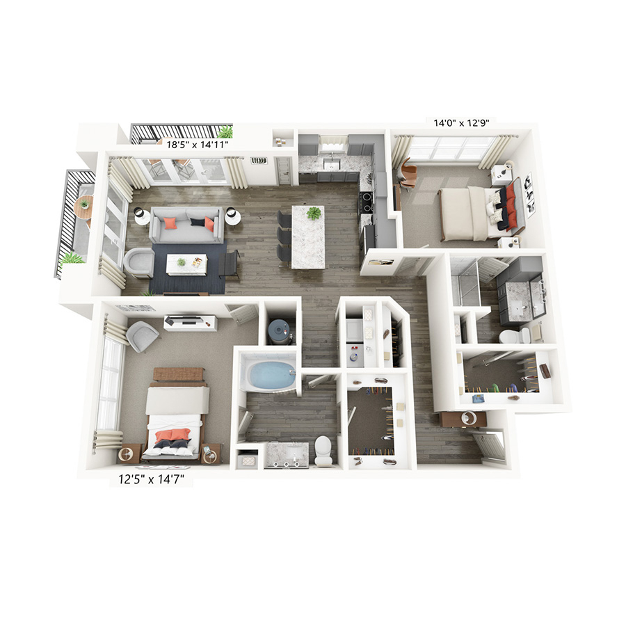 Rendering of the Station floor plan with 2 bedroom[s] and 2 bathroom[s] at Griffis Frisco