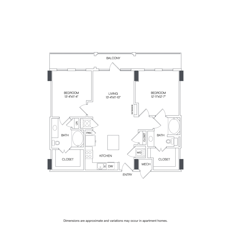 Rendering of the Katy floor plan with 2 bedroom[s] and 2 bathroom[s] at Griffis Uptown