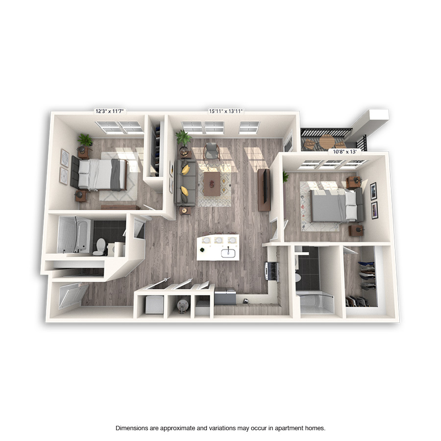 Rendering of the Sculpture Platinum floor plan with 2 bedroom[s] and 2 bathroom[s] at Griffis Cheesman Park