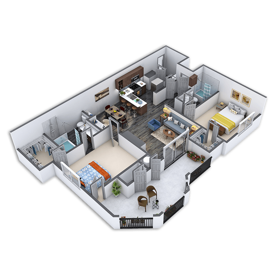 Rendering of the Distinguished floor plan with 2 bedroom[s] and 2 bathroom[s] at Griffis Lakeline Station