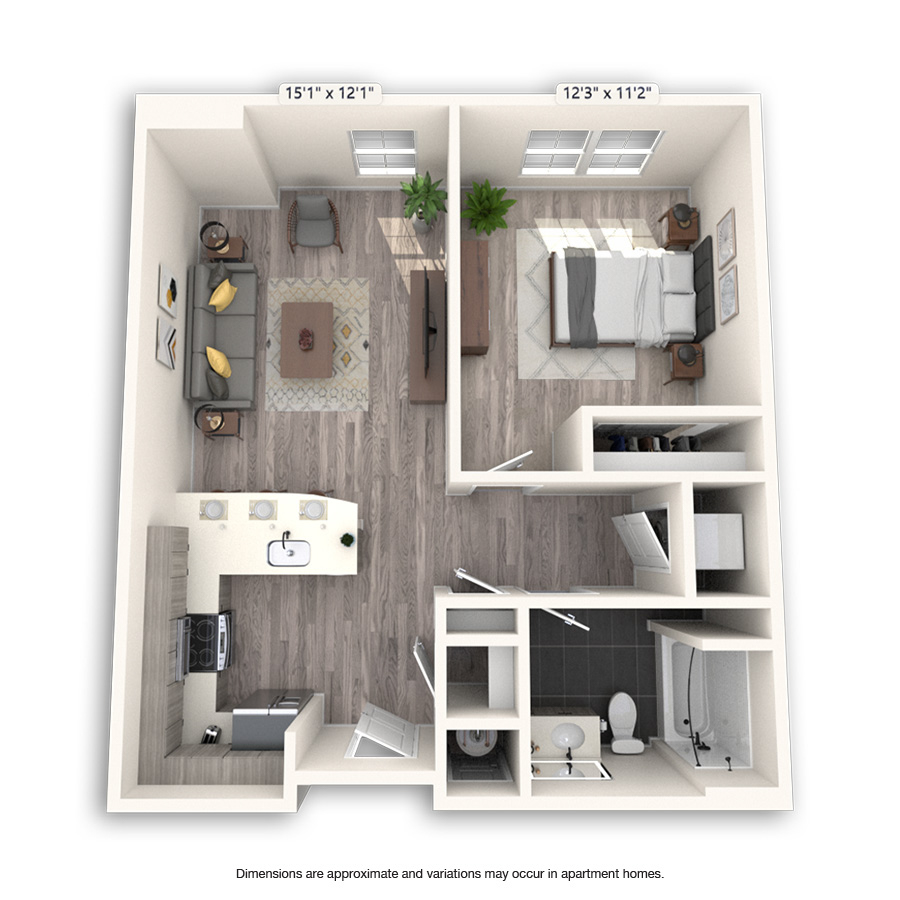 Rendering of the Lakehurst Platinum floor plan with 1 bedroom[s] and 1 bathroom[s] at Griffis Cheesman Park
