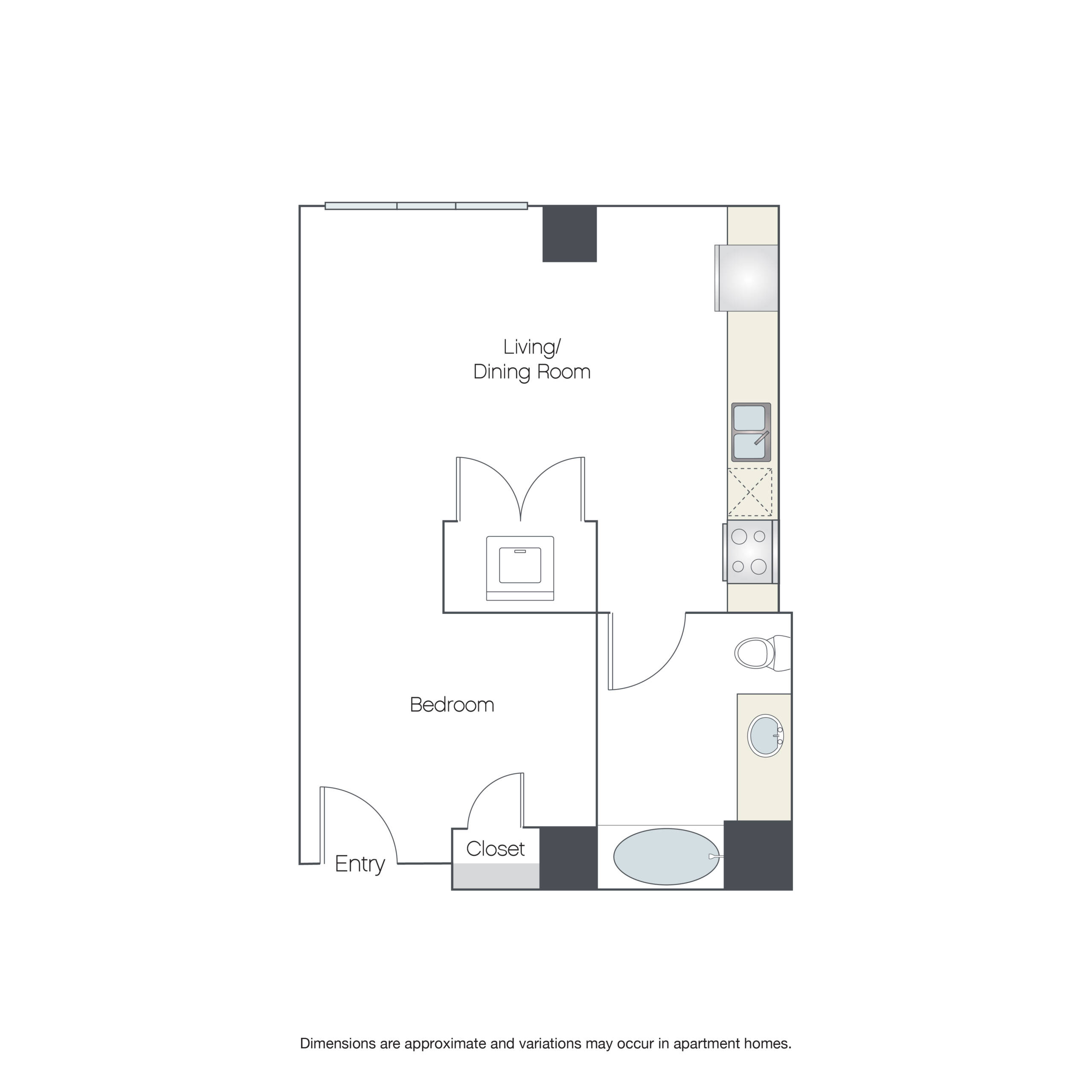 Rendering of the Antero floor plan with a Studio bedroom and 1 bathroom[s] at Griffis LoDo