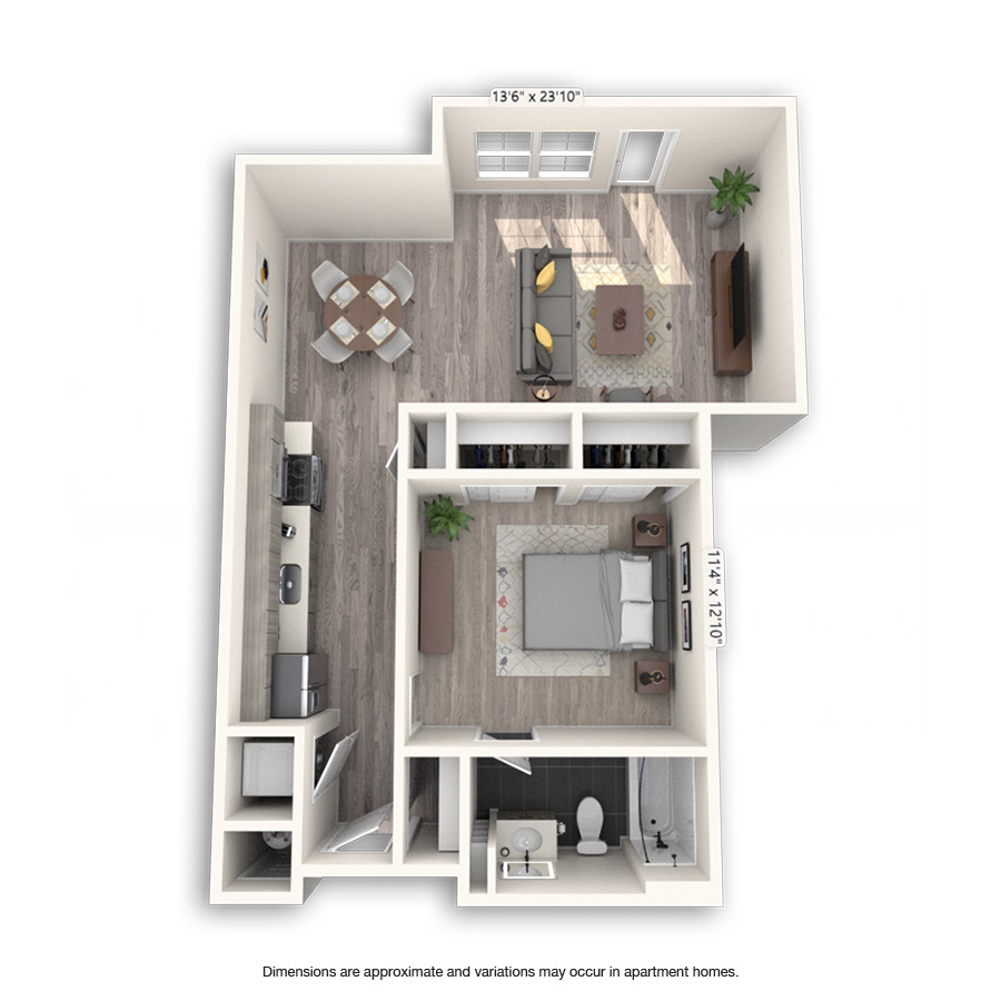 Rendering of the Central Platinum floor plan with 1 bedroom[s] and 1 bathroom[s] at Griffis Cheesman Park