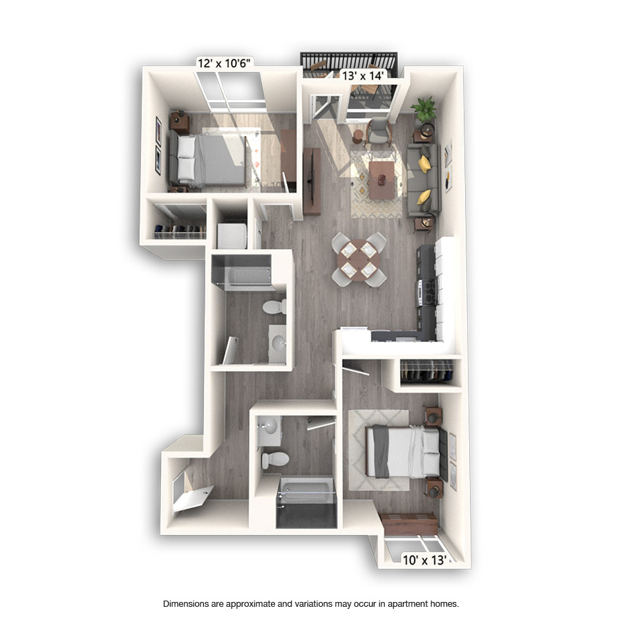 Rendering of the Wasp Platinum floor plan with 2 bedroom[s] and 2 bathroom[s] at Griffis East Village