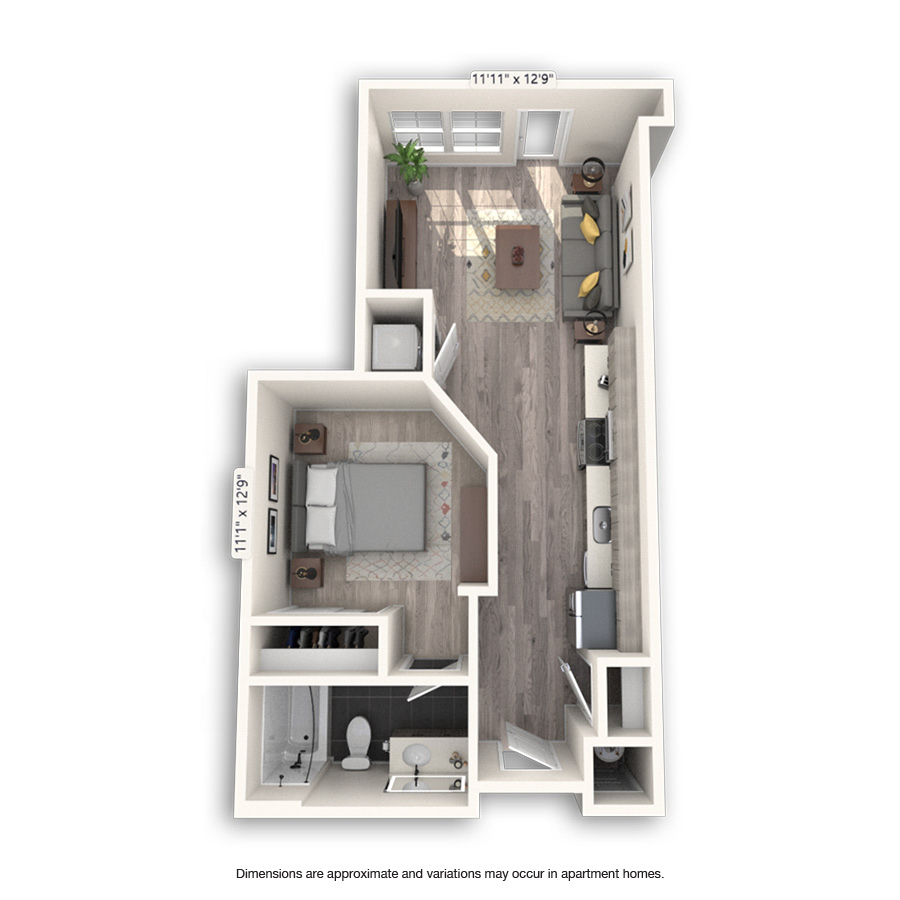 Rendering of the Washington Platinum floor plan with 1 bedroom[s] and 1 bathroom[s] at Griffis Cheesman Park