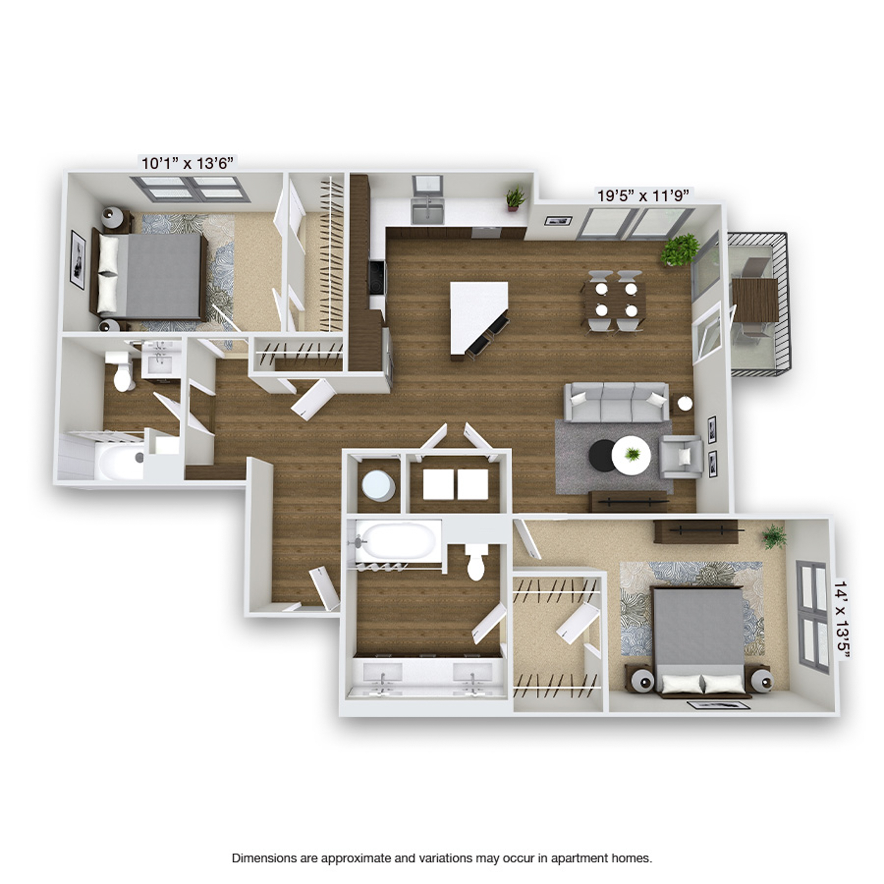 Rendering of the Vine floor plan with 2 bedroom[s] and 2 bathroom[s] at Griffis Cherry Creek North