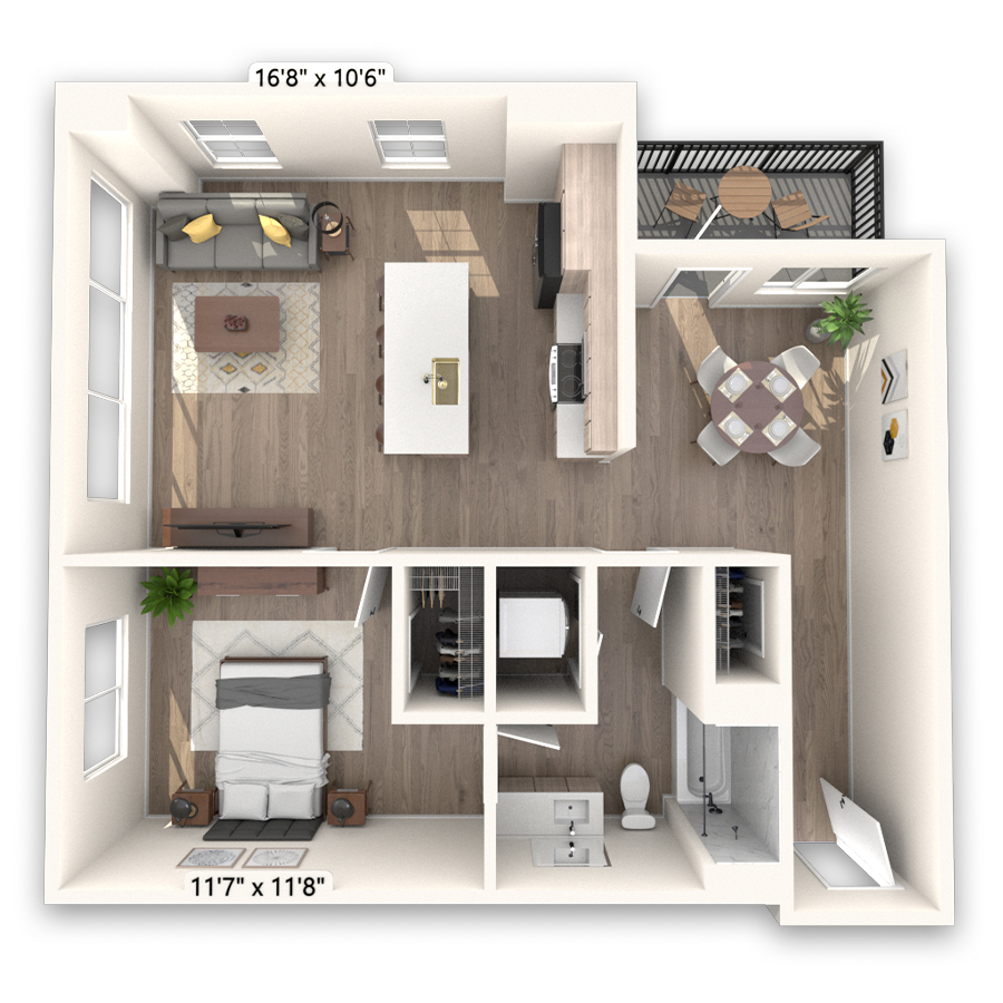 Rendering of the Pikes Platinum floor plan with 1 bedroom[s] and 1 bathroom[s] at Griffis LoDo