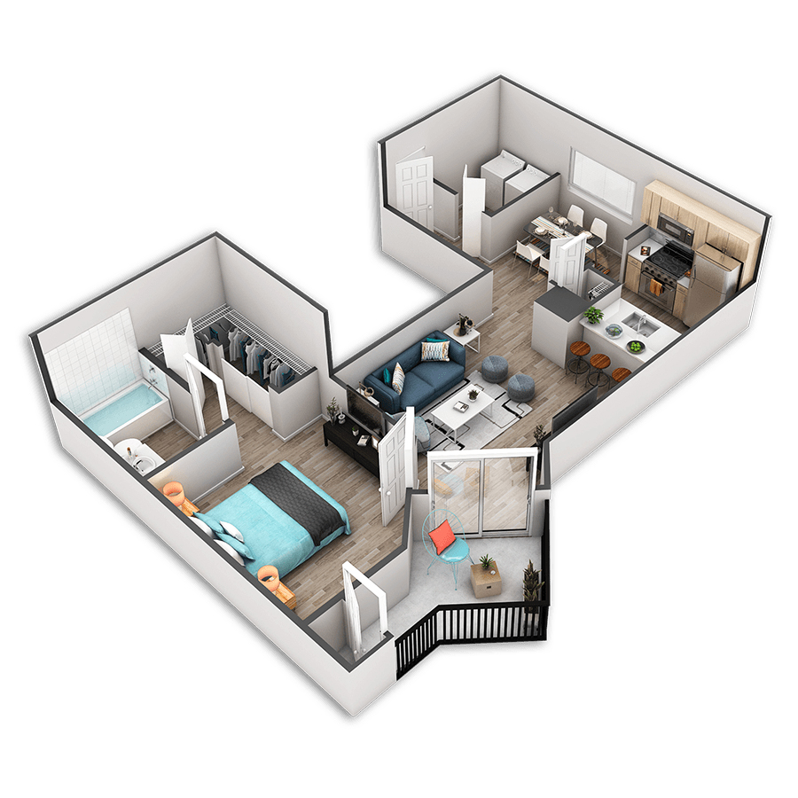 Rendering of the Atlantic floor plan with 1 bedroom[s] and 1 bathroom[s] at Griffis Belltown