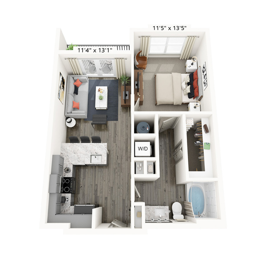 Rendering of the Eldorado floor plan with 1 bedroom[s] and 1 bathroom[s] at Griffis Frisco