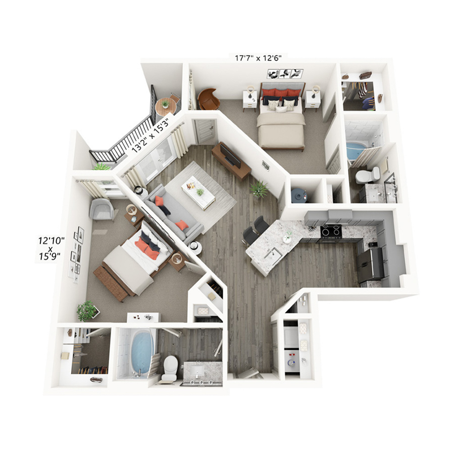 Rendering of the Ohio floor plan with 2 bedroom[s] and 2 bathroom[s] at Griffis Frisco