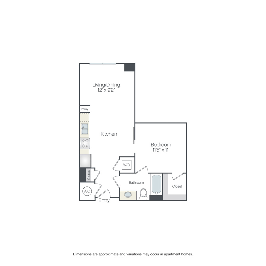 Rendering of the Burling floor plan with 1 bedroom[s] and 1 bathroom[s] at Griffis Edgemoor