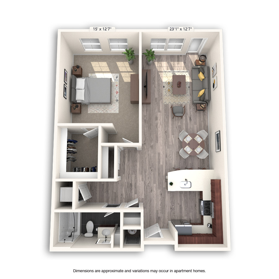 Rendering of the Congress floor plan with 1 bedroom[s] and 1 bathroom[s] at Griffis Cheesman Park