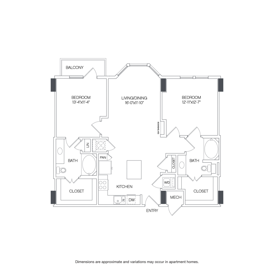Rendering of the Meadowmere floor plan with 2 bedroom[s] and 2 bathroom[s] at Griffis Uptown