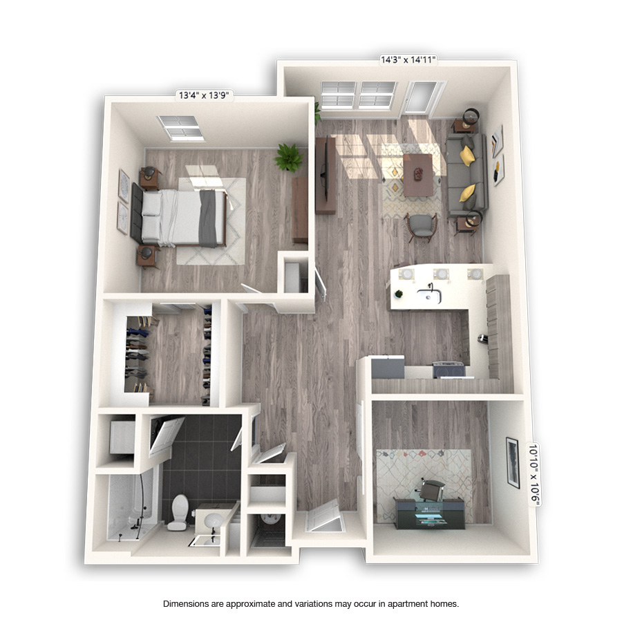 Rendering of the Cranmer Platinum floor plan with 1 bedroom[s] and 1 bathroom[s] at Griffis Cheesman Park