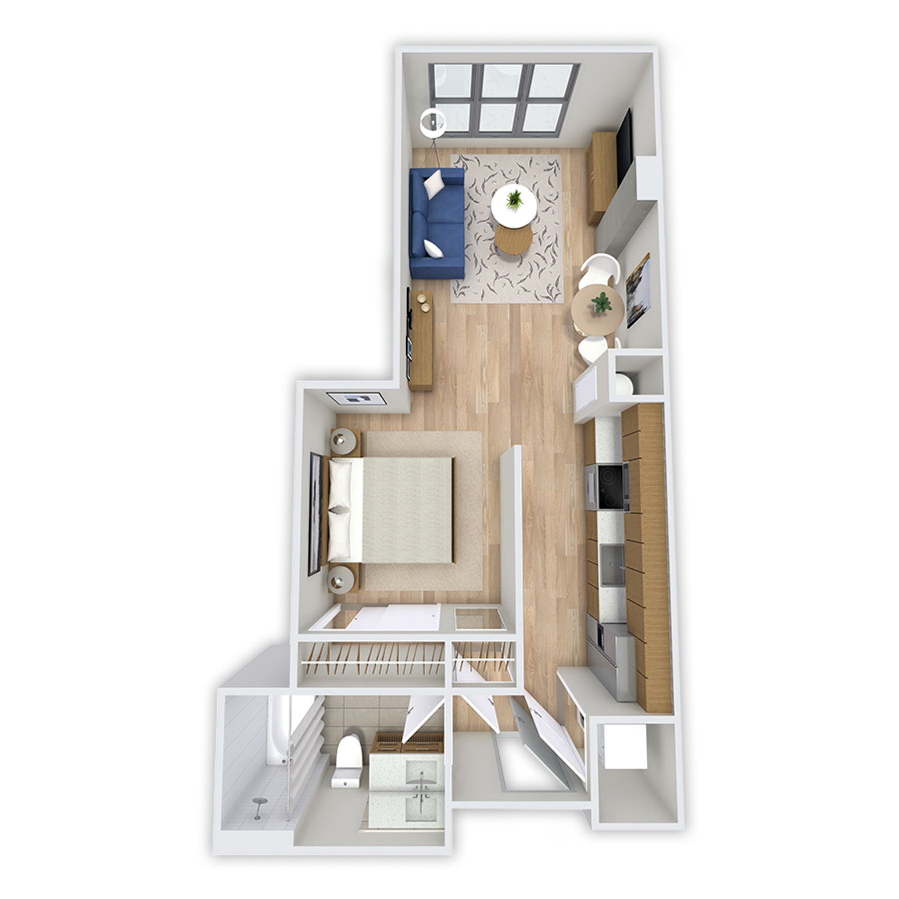 Rendering of the Flora Platinum floor plan with 1 bedroom[s] and 1 bathroom[s] at Griffis Platform Union Station