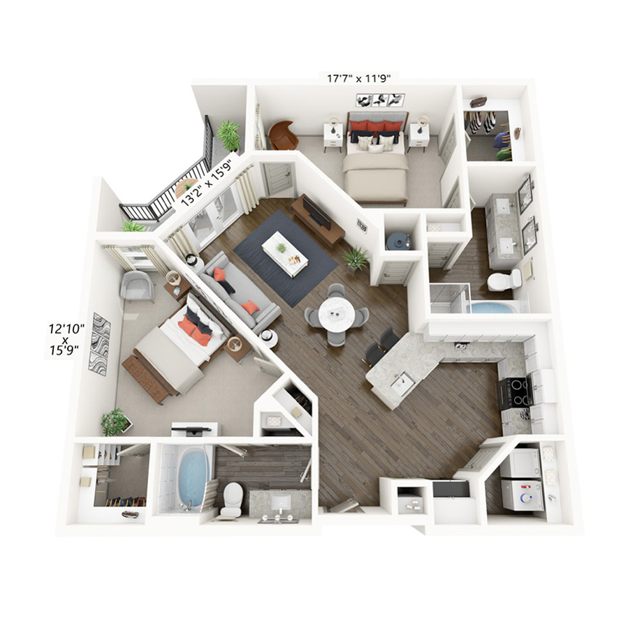 Rendering of the Preston floor plan with 2 bedroom[s] and 2 bathroom[s] at Griffis Frisco