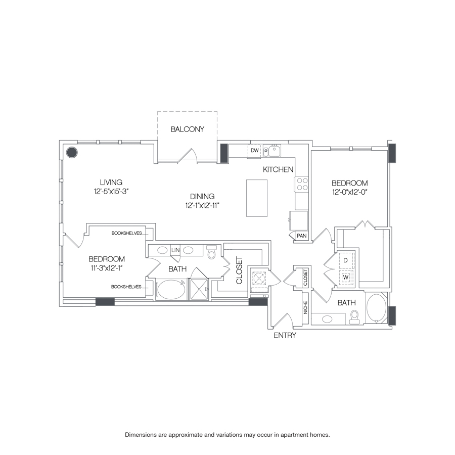 Rendering of the Preston floor plan with 2 bedroom[s] and 2 bathroom[s] at Griffis Uptown