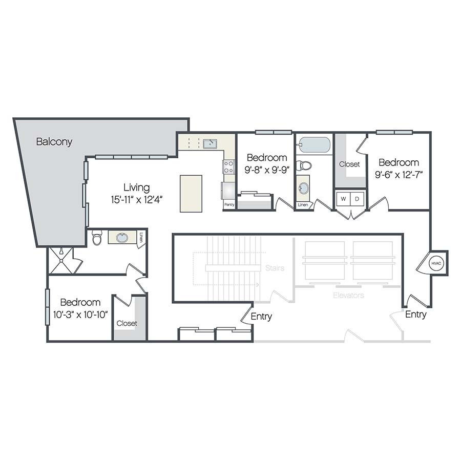 Rendering of the Surfside floor plan with 3 bedroom[s] and 2 bathroom[s] at Griffis West Palm