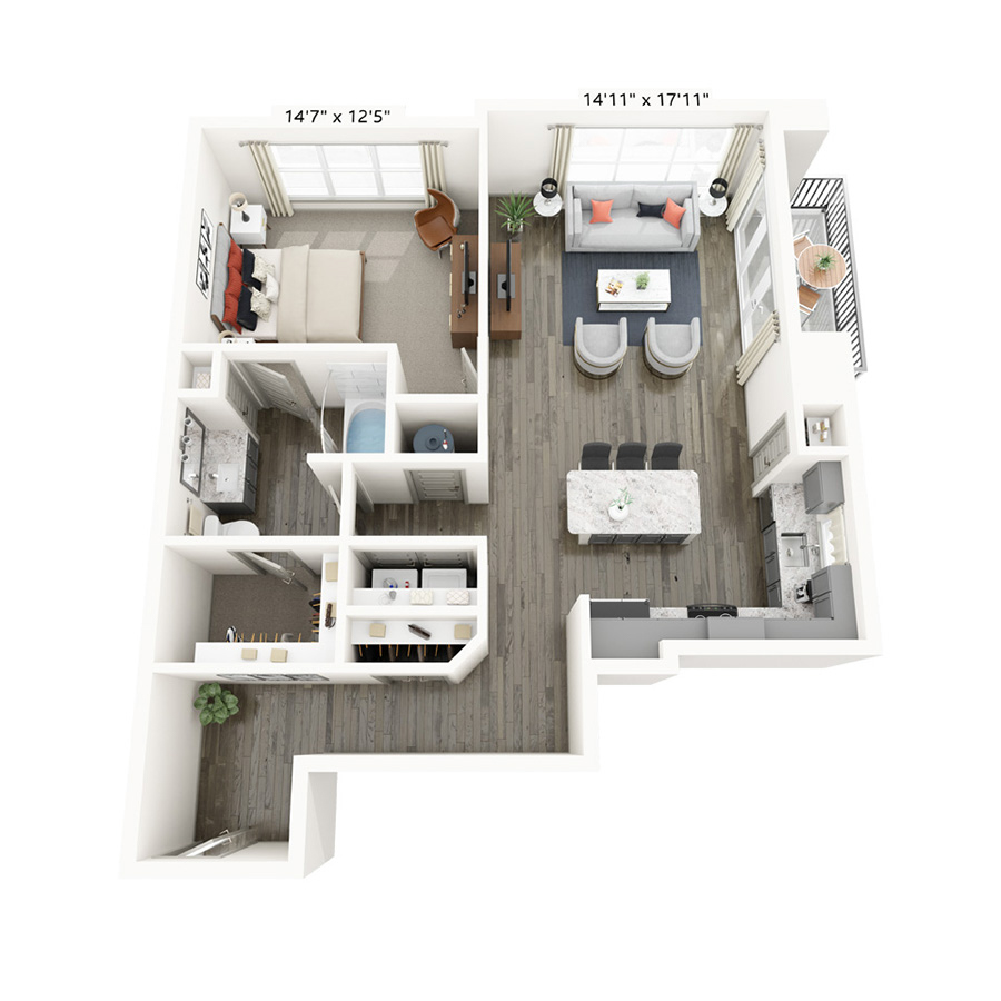 Rendering of the Maple floor plan with 1 bedroom[s] and 1 bathroom[s] at Griffis Frisco