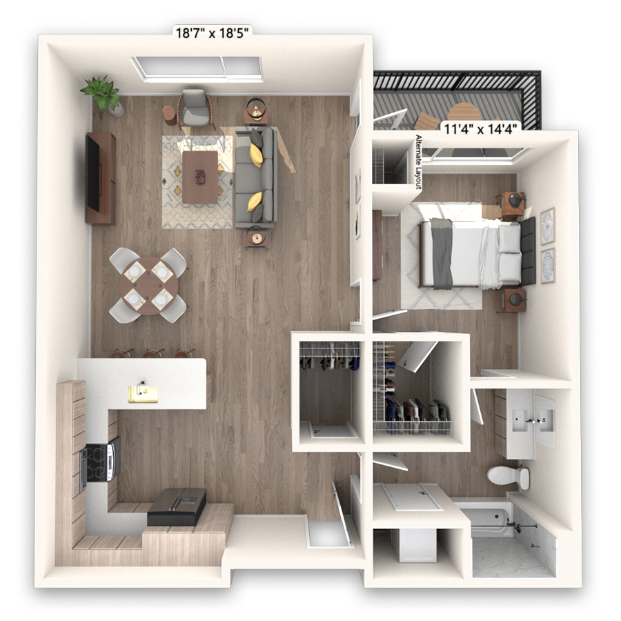 Rendering of the Longs Platinum floor plan with 1 bedroom[s] and 1 bathroom[s] at Griffis LoDo