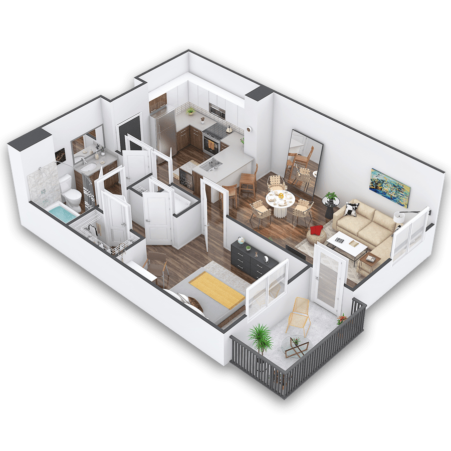 Rendering of the Hinault floor plan with 1 bedroom[s] and 1 bathroom[s] at Griffis Cherry Creek