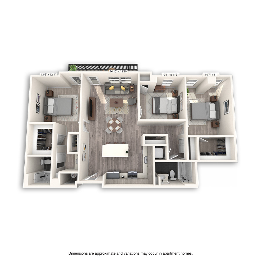 Rendering of the Cherry Creek Platinum floor plan with 1 bedroom[s] and 1 bathroom[s] at Griffis Cheesman Park