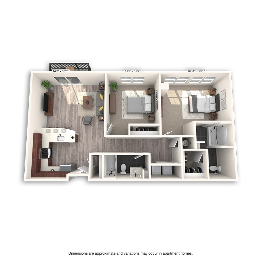 Rendering of the Confluence floor plan with 2 bedroom[s] and 2 bathroom[s] at Griffis Cheesman Park