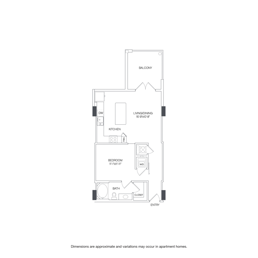 Rendering of the Dove floor plan with 1 bedroom[s] and 1 bathroom[s] at Griffis Uptown