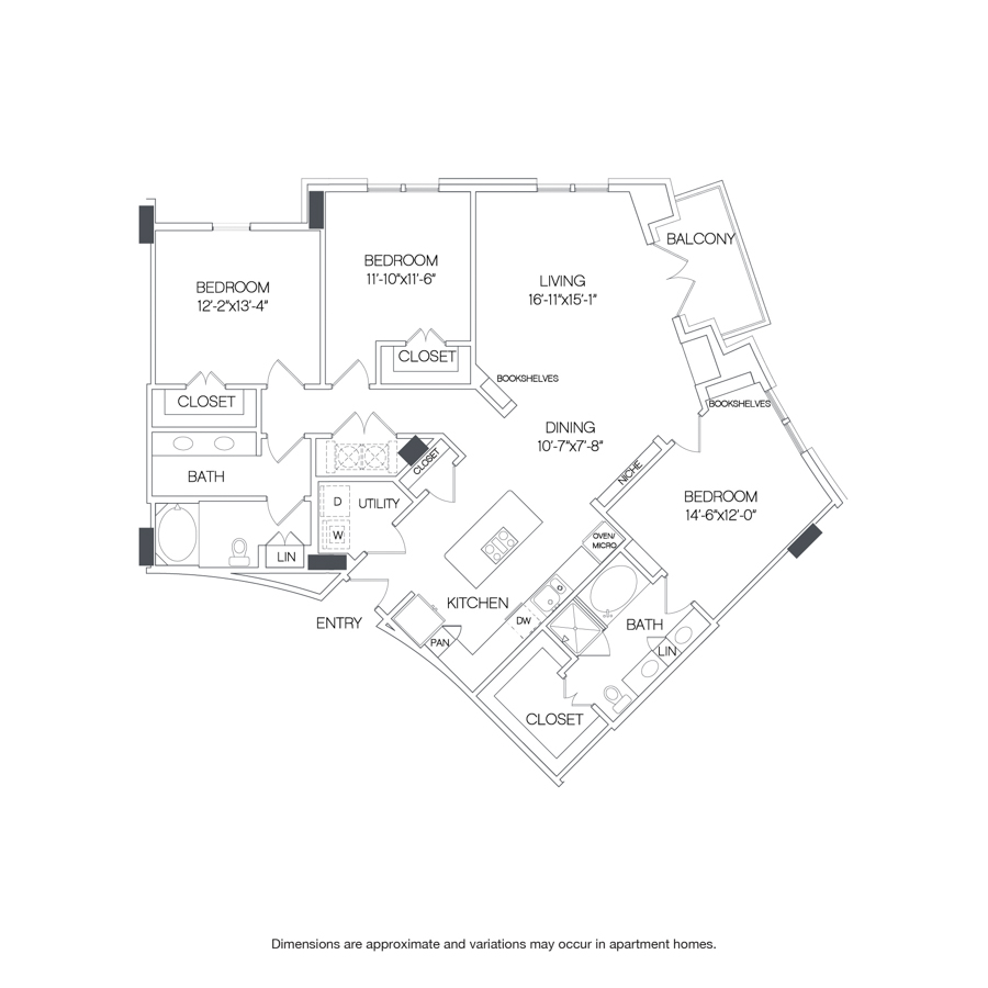 Rendering of the Spring floor plan with 3 bedroom[s] and 2 bathroom[s] at Griffis Uptown