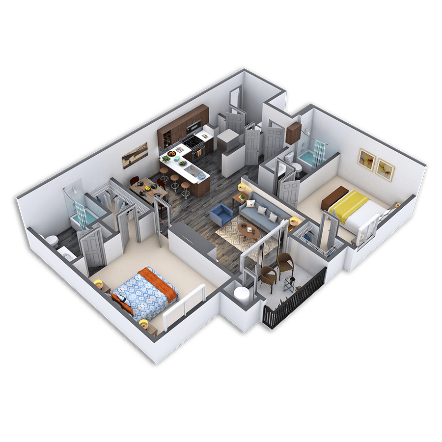 Rendering of the Exceptional floor plan with 2 bedroom[s] and 2 bathroom[s] at Griffis Lakeline Station