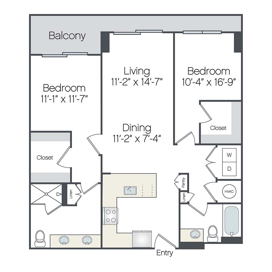 Rendering of the Pompano floor plan with 2 bedroom[s] and 2 bathroom[s] at Griffis West Palm
